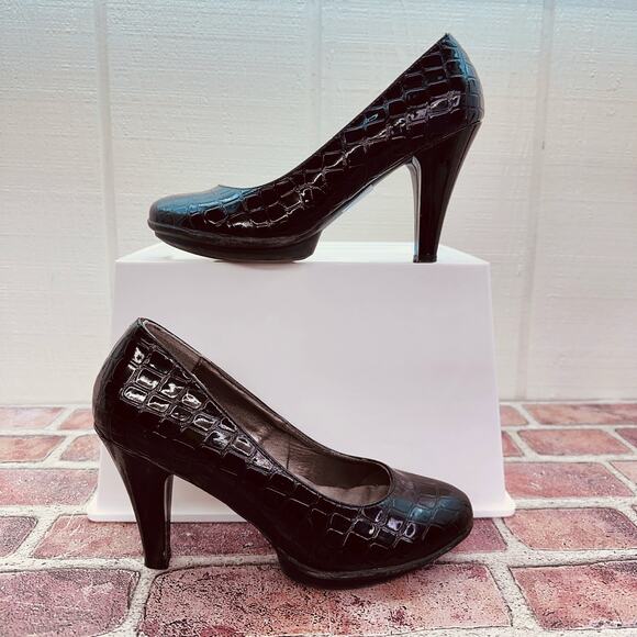 Women's Size 7 Black Faux Croc Skin 3.5" High Heel Slight Platform Classic Pumps - Picture 10 of 16